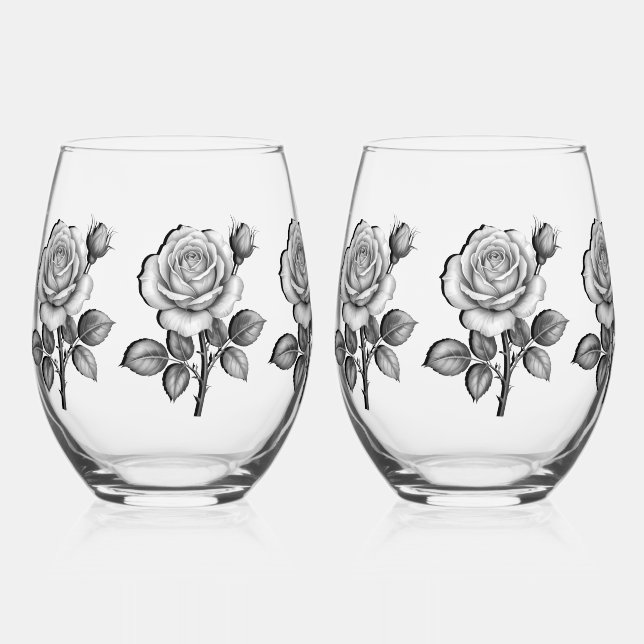 Black & white rose stemless wine glass (Front)
