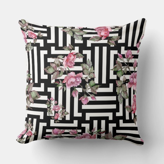 Black White Rose Watercolor Reversible Pillow (Front)