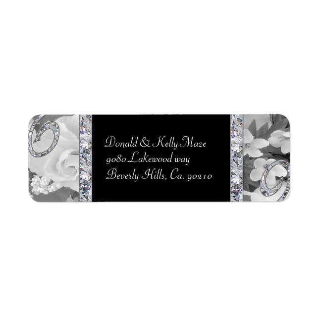 Black & White Roses & Diamond Swirls Wedding Return Address Label (Front)