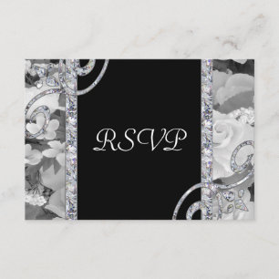 Black & White Roses & Diamond Swirls Wedding RSVP Card