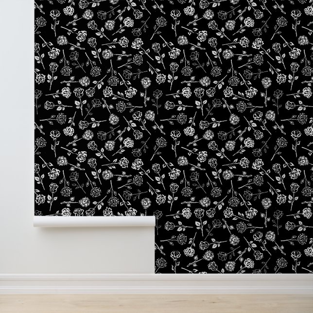 Black White Roses Flowers Pattern Stick n Peel Wallpaper (Application)