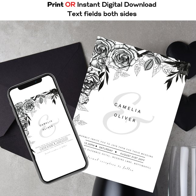 Black White Roses Goth Printed or Digital Wedding Invitation (Creator Uploaded)