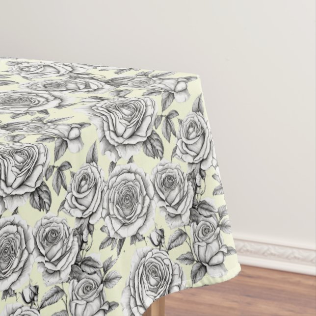 Black White Roses on Yellow Background Pattern Tablecloth (In Situ)