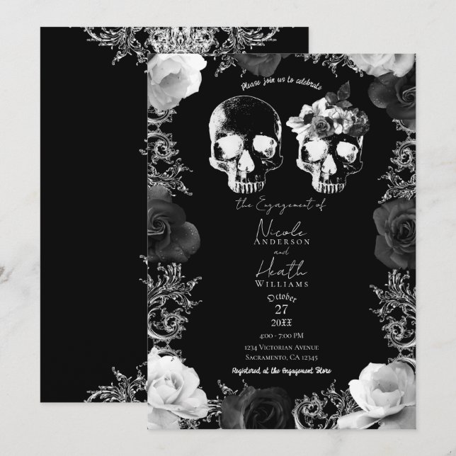 Black White Roses Skeleton Skull Engagement Party  Invitation (Front/Back)