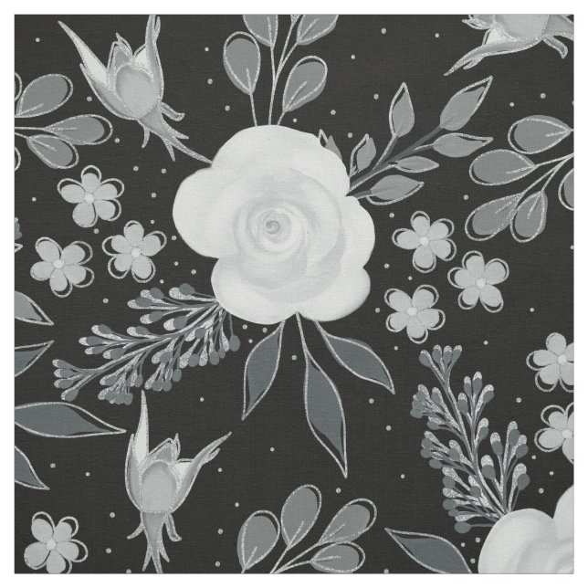 Black White Roses Watercolor Painting Fabric (Swatch)