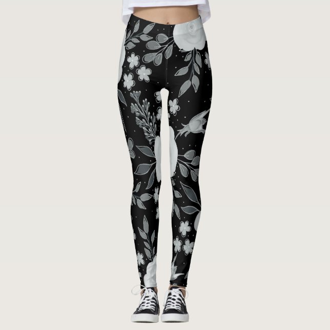Black White Roses Watercolor Painting Leggings (Front)