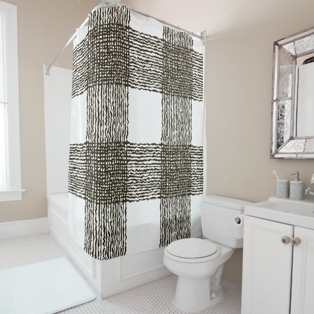 Black White Rough grid Pattern  Shower Curtain (In Situ)