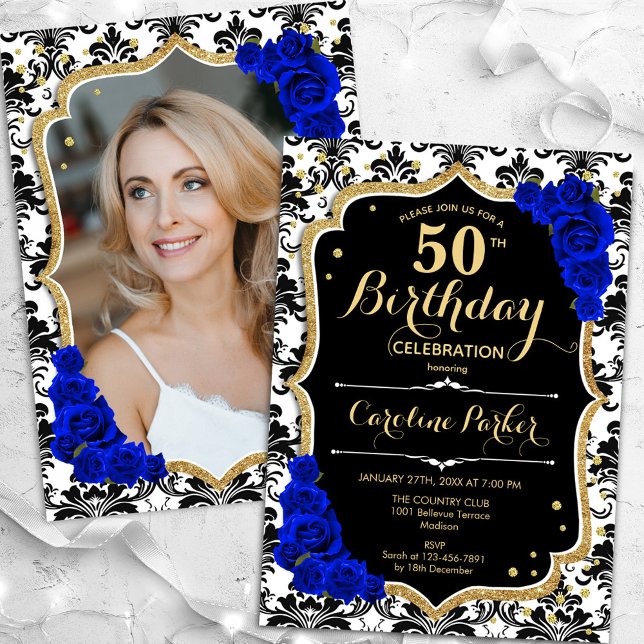 Black White Royal Blue Photo 50th Birthday Invitation (Creator Uploaded)