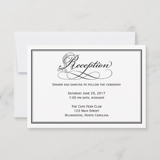 Black & White Royal Script Wedding Reception Card (Front)