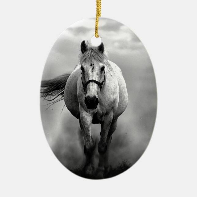 Black White Running Horse Freedom Ceramic Ornament (Front)
