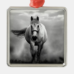 Black White Running Horse Freedom Metal Ornament