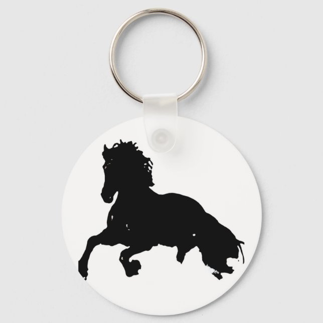 Black White Running Horse Silhouette Key Ring (Front)