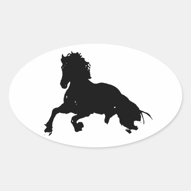 Black White Running Horse Silhouette Oval Sticker (Front)