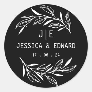 Black White Rustic Chic Couple Initials Botanical  Classic Round Sticker