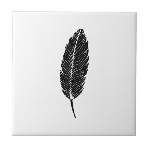 Black & White Rustic Feather Linocut Ceramic Tile