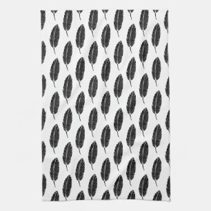 Black & White Rustic Feather Linocut Tea Towel