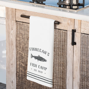 Black & White Rustic Fish Camp Personalised Tea Towel
