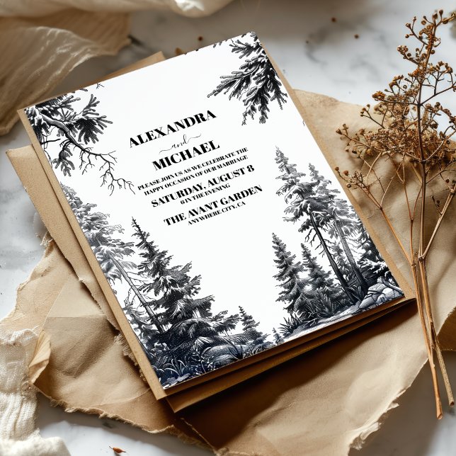 Black White Rustic Mountain Forest Wedding Invitation (Creator Uploaded)