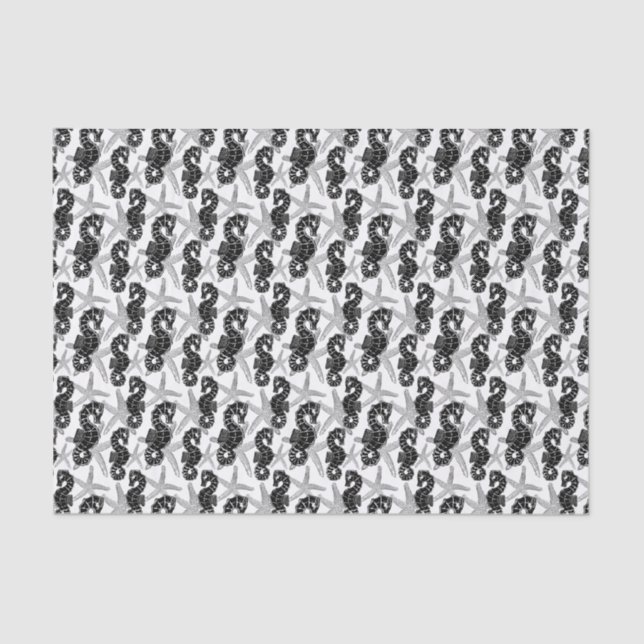 Black White Rustic Starfish and Seahorse Tissue Tissue Paper (Front)