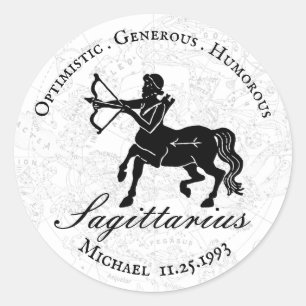  Black White Sagittarius Zodiac Astrology Custom Classic Round Sticker
