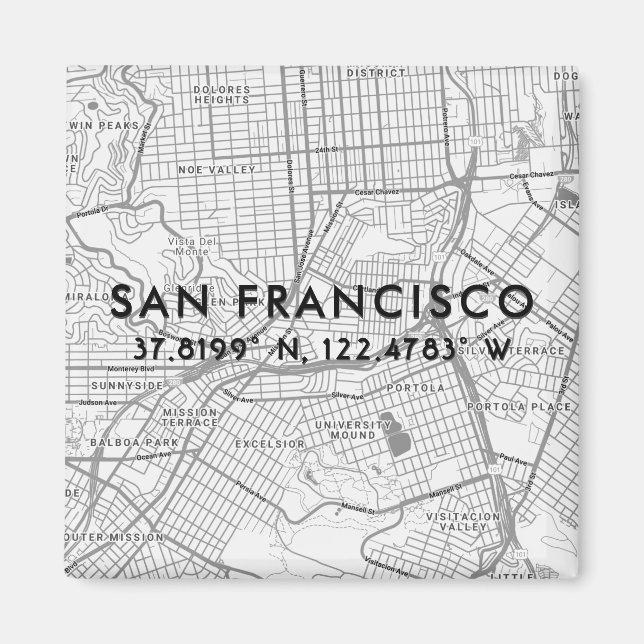 Black & White San Francisco Map Custom Coordinates Magnet (Front)