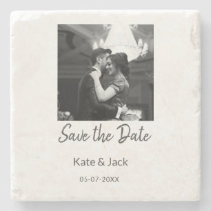 BLACK WHITE save the date add QR name date orange Stone Coaster