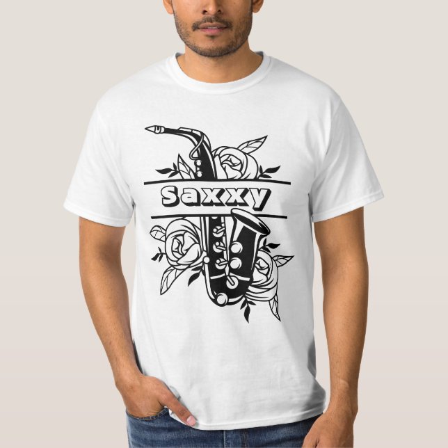 Black & White 'Saxxy' Saxophone, Musician T-Shirt (Front)
