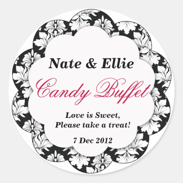 Black & White Scallop Damask Candy Buffet Sticker (Front)