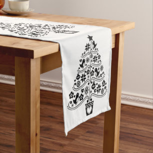 Black & White Scandinavian Christmas Tree Folk Art Medium Table Runner
