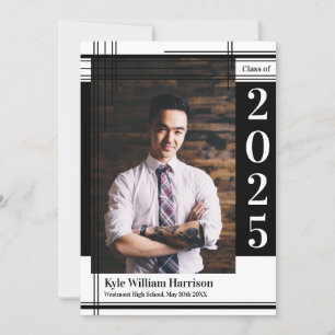 Black White School Colour Graduation Photo Plaid Invitation