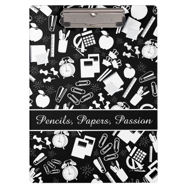 Black White school Supplies Pattern TeacherStudent Clipboard (Front)