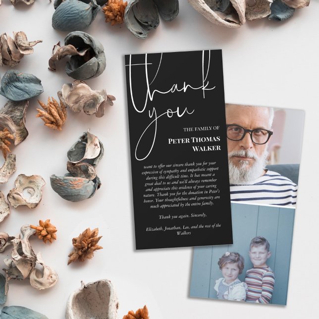 Black White Script & 2 Photos Funeral Thank You Card (Creator Uploaded)
