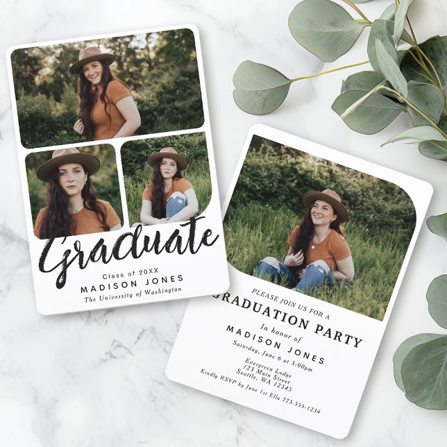 Black & White Script 4 Photos Graduation Party Invitation (Creator Uploaded)