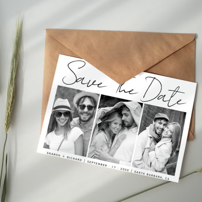 Black, white script calligraphy 3 photo collage  save the date (Creator Uploaded)