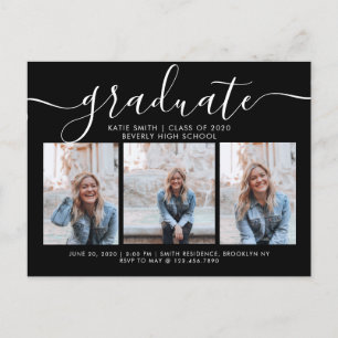Black White Script Calligraphy Graduation 3 Photo Invitation Postcard
