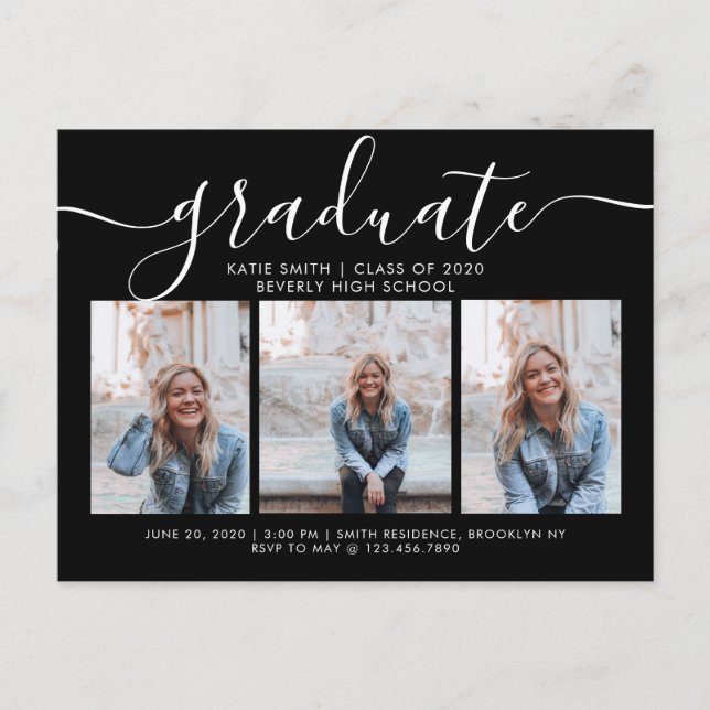 Black White Script Calligraphy Graduation 3 Photo Invitation Postcard (Front)