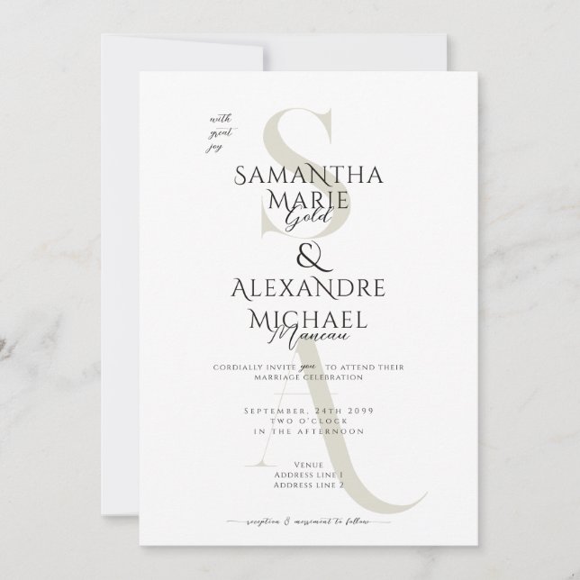 Black & White Script Contemporary Monogram Wedding Invitation (Front)