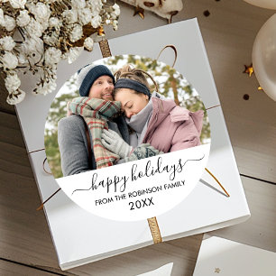 Black White Script Couple Photo Happy Holidays Classic Round Sticker