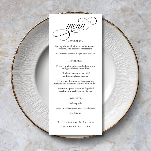 Black White Script Elegant Wedding Menu (Black and White Script Elegant Wedding Menu with customizable menu options.)