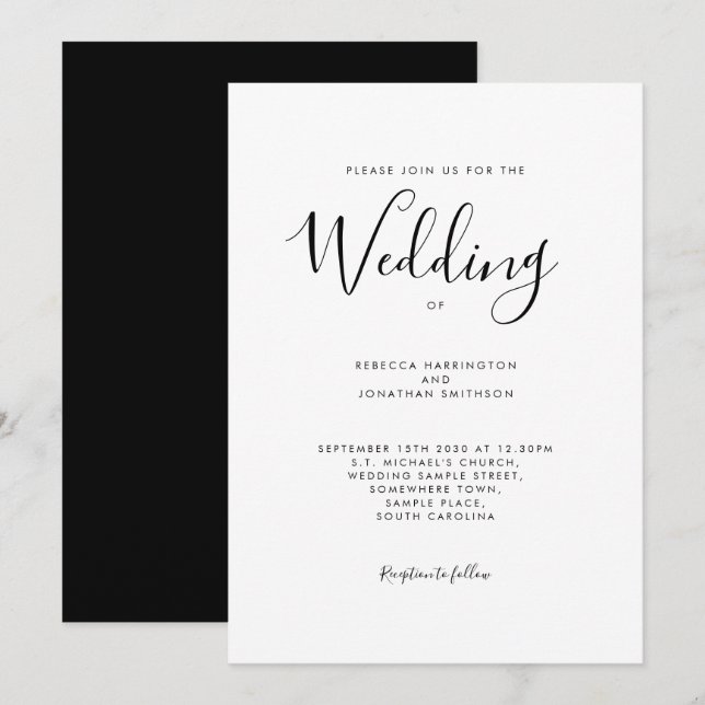 Black White Script Font Wedding Invitation (Front/Back)