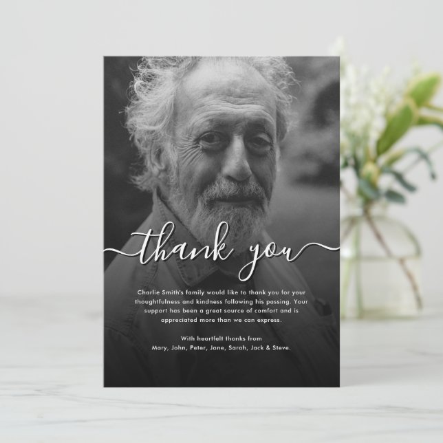 Black & White Script Funeral/Sympathy Thank You Card (Standing Front)