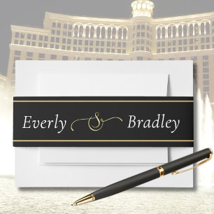 Black White Script Gold Border Ampersand Wedding   Invitation Belly Band