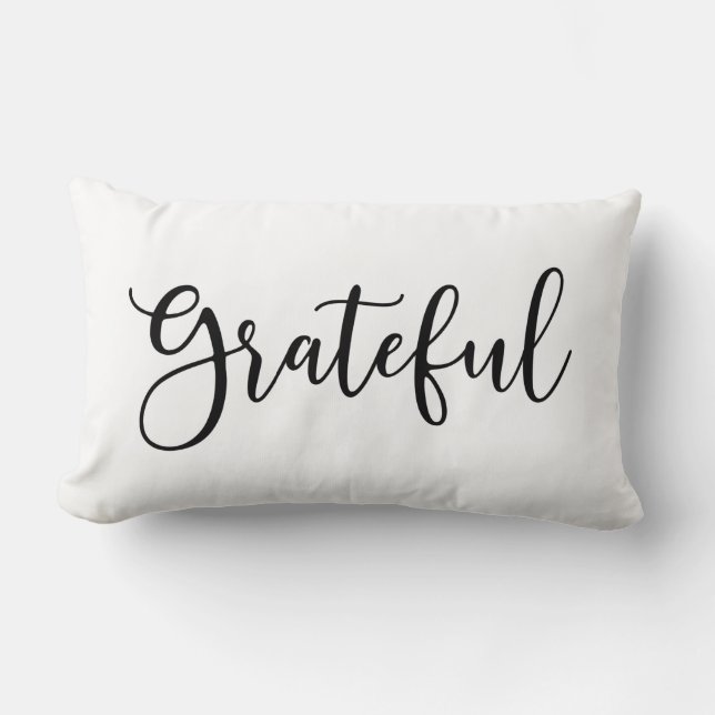 Black White Script Grateful Lumbar Cushion (Front)