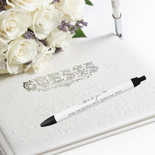 Black white script heart wedding thank you black ink pen