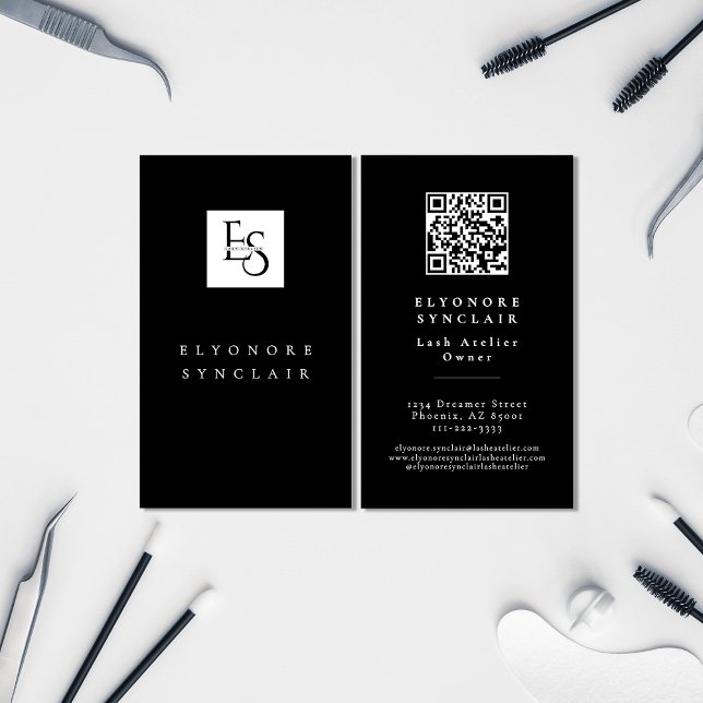 Black White Script Lashes Studio Logo QR Code Business Card (Creator Uploaded)