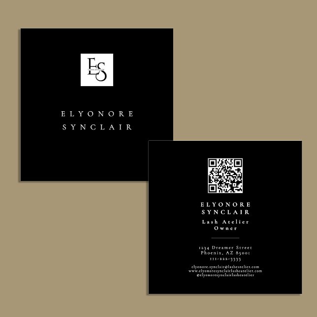 Black White Script Lashes Studio Logo QR Code  Square Business Card (Creator Uploaded)