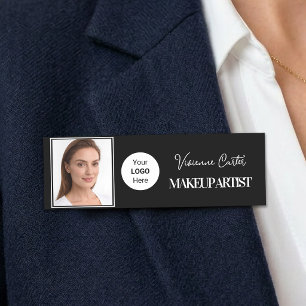 Black White Script Logo Photo Makeup Name Tag
