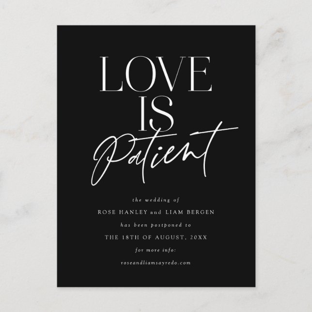 Black White Script Love Wedding Change the Date Postcard (Front)