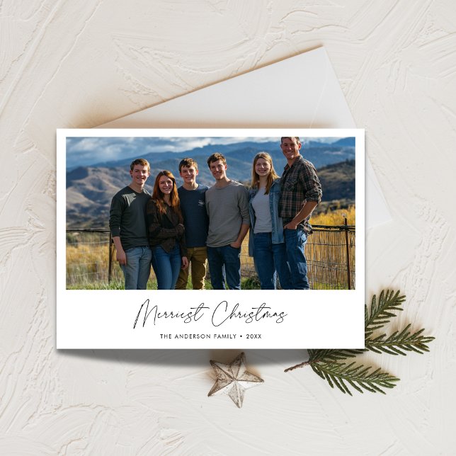 Black White Script Merriest Christmas Family Photo Holiday Card (Creator Uploaded)