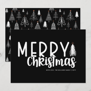 Black White Script Merry Christmas Pine Tree Holiday Card